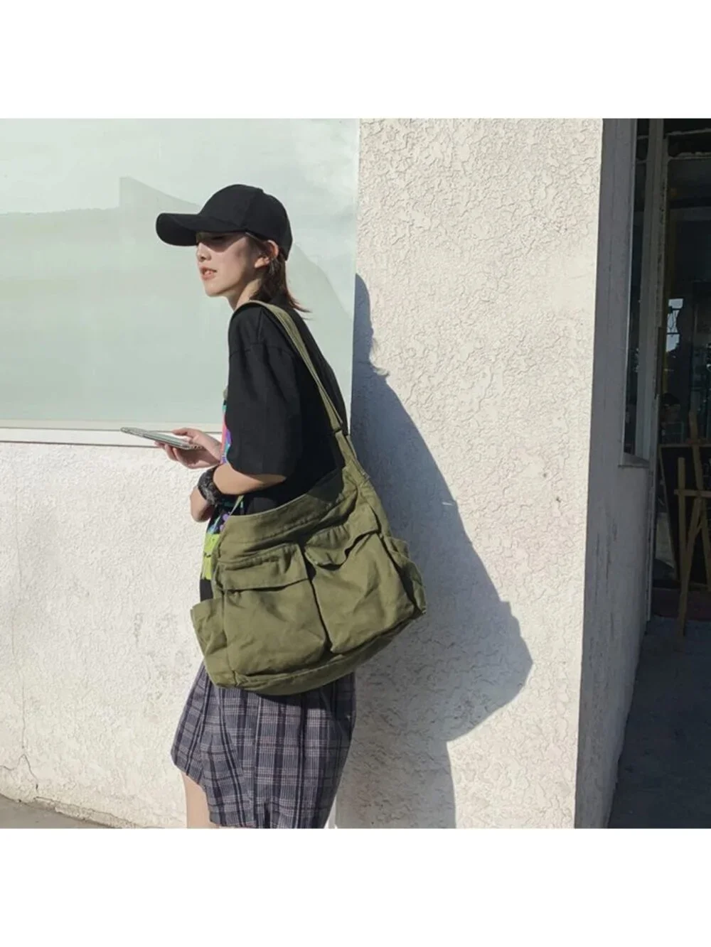 Women's Green Travel Canvas Zipper Crossbody Shoulder Laptop Bag